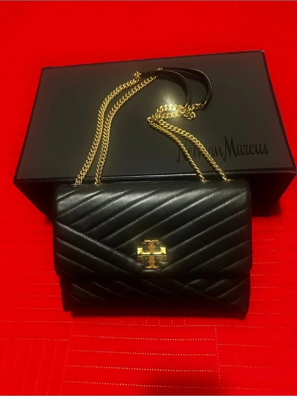 Tory Burch Black Quilted Leather Crossbody with Gold Chain